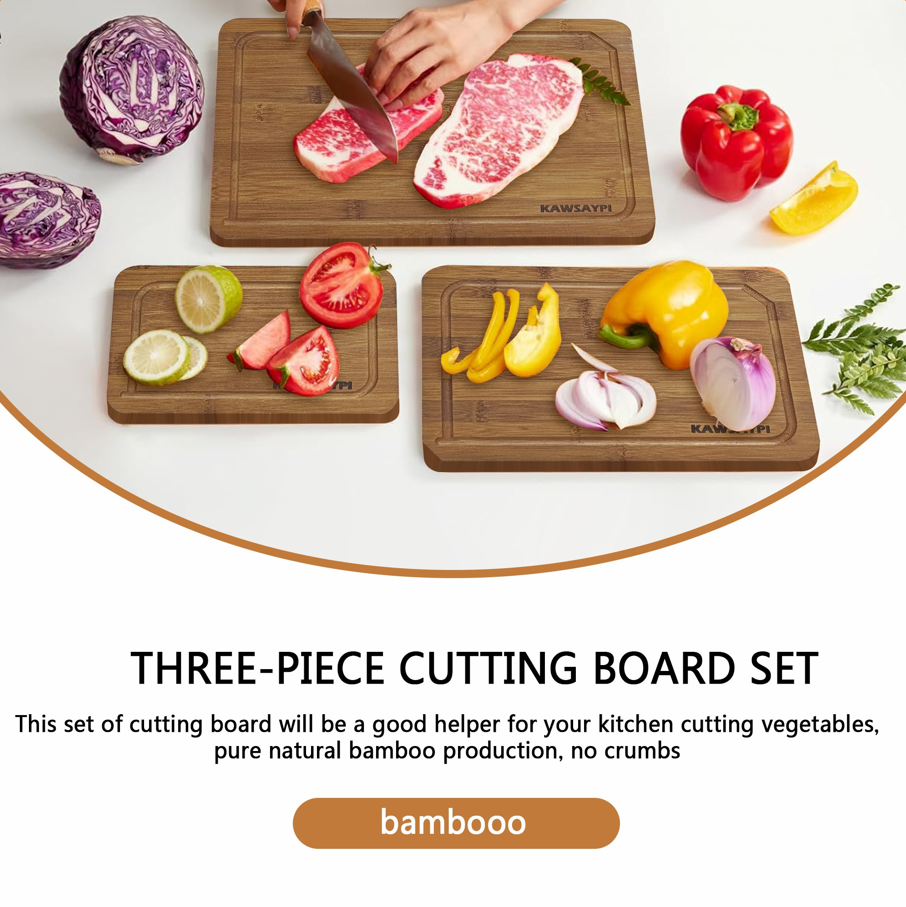 Bamboo Cutting Board Set - 100% Natural, and Durable - Large and Sturdy Surface for Kitchen, Organic -Perfect for Cutting Meat, Vegetables, and Fruits. (Bamboo Brown)